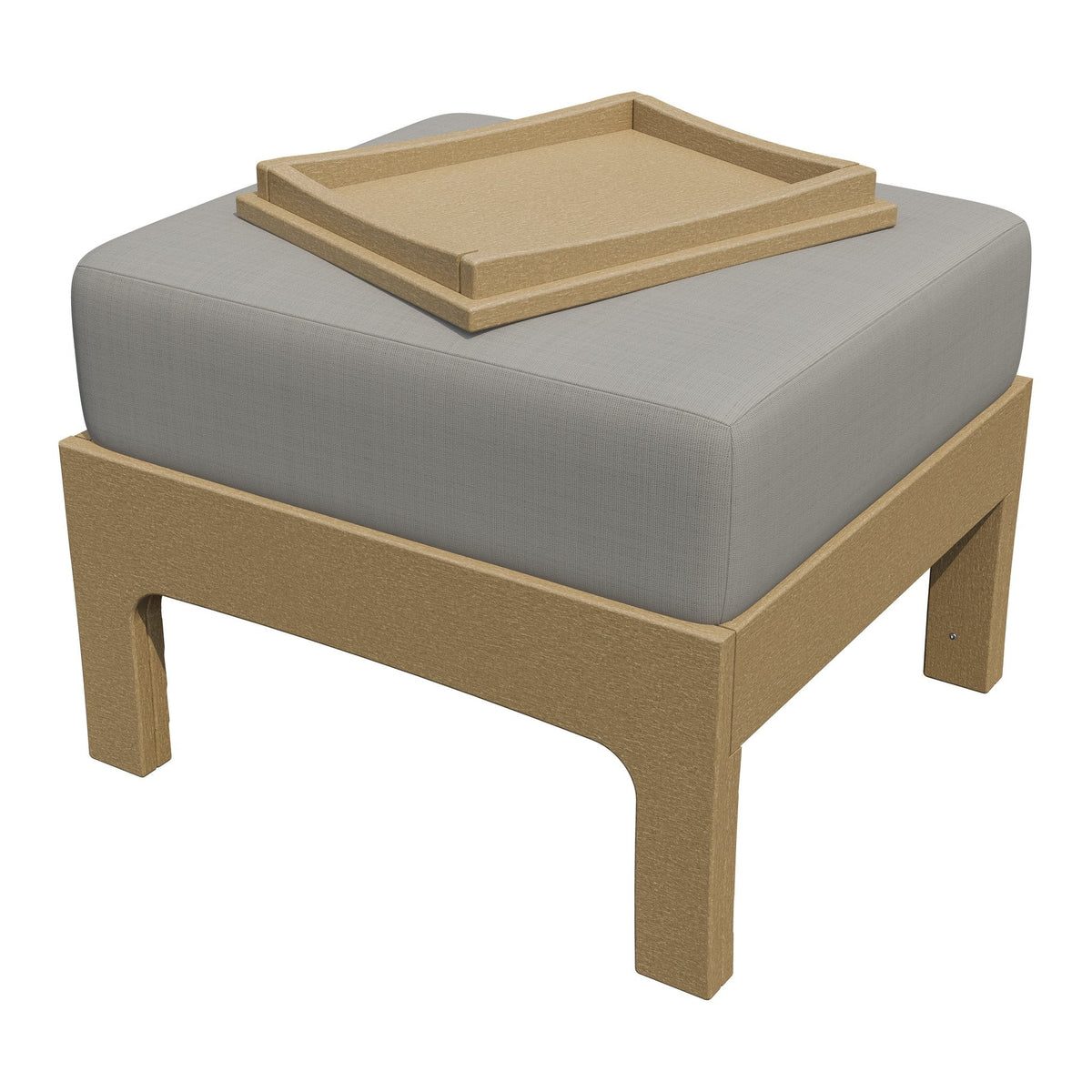 Weatherwood poly ottoman with a gray outdoor cushion and matching wood-tone tray resting on the seat