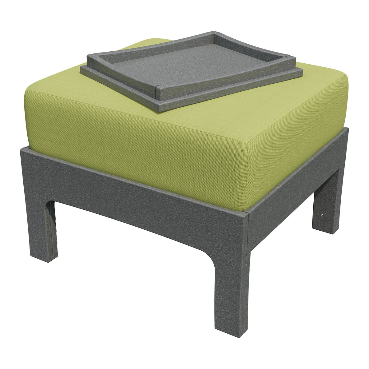 Slate gray poly patio ottoman with a bright green cushion and a matching gray serving tray on the seat