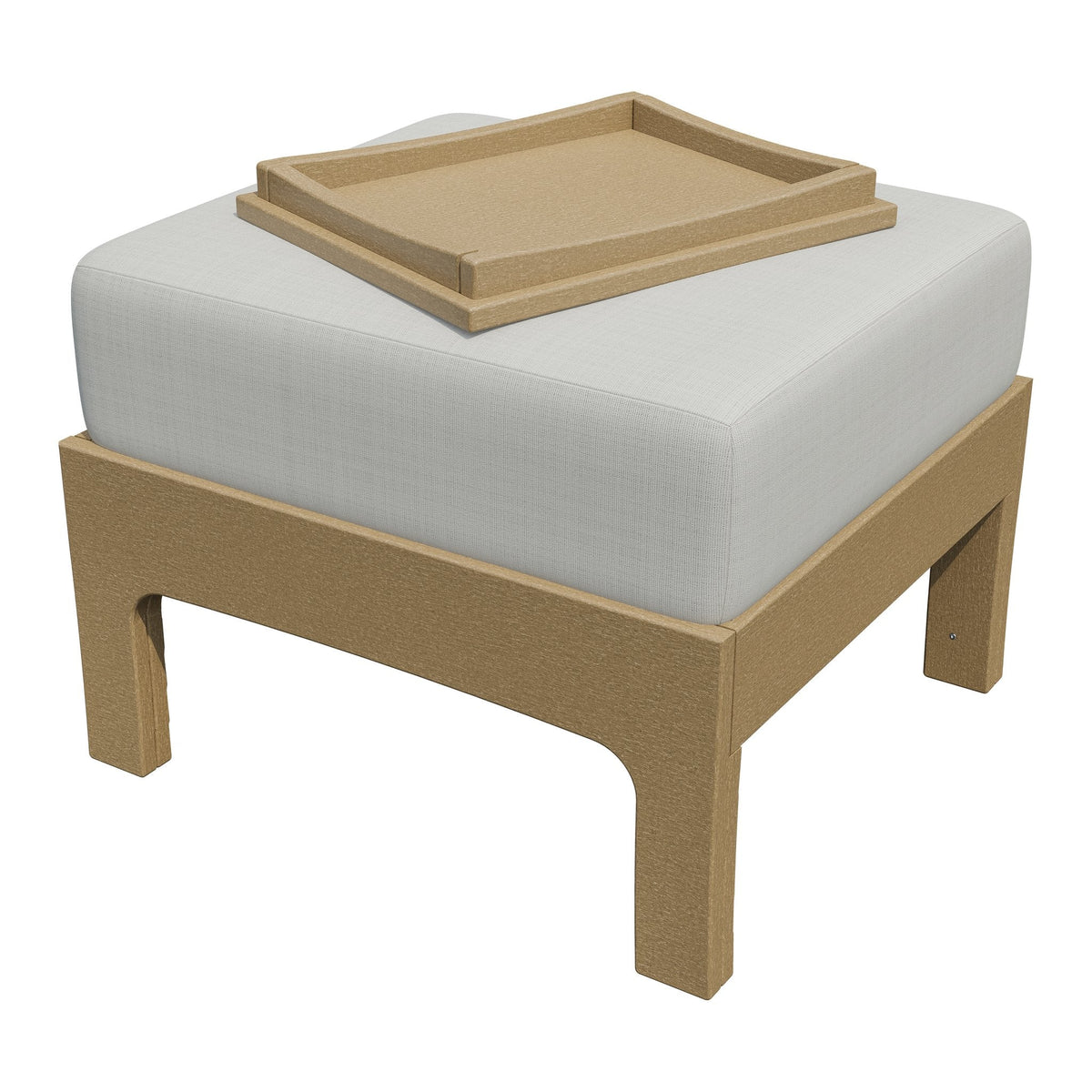 Weatherwood poly patio ottoman with a thick white cushion and a matching removable serving tray on top