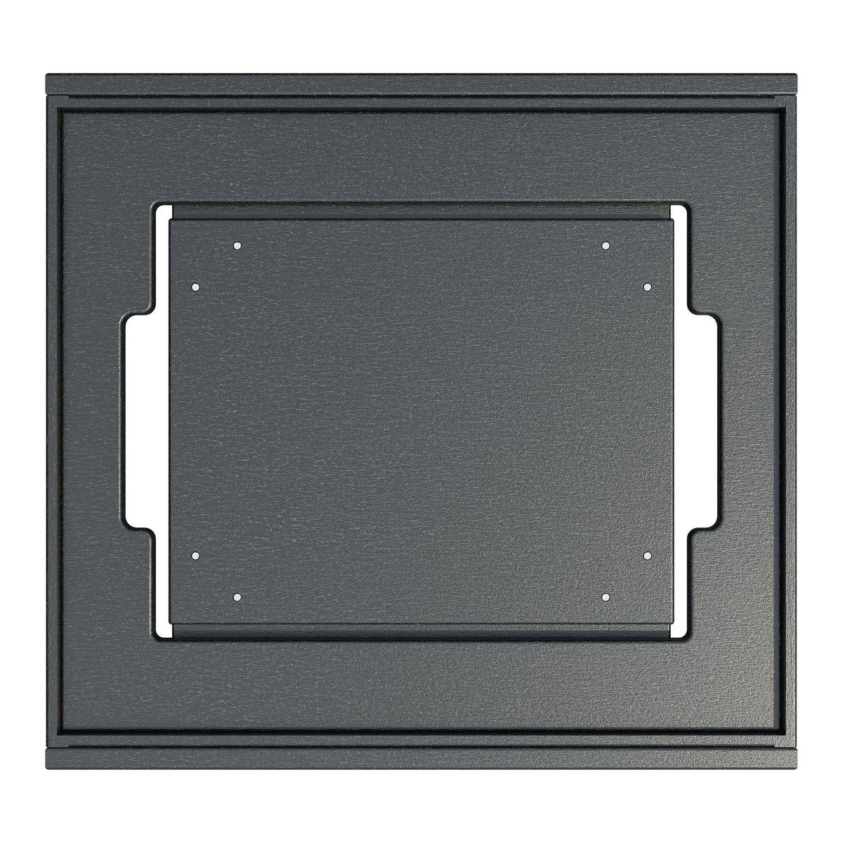 Top-down view of the black poly ottoman base showing the inset hideaway tray with cut-out handles