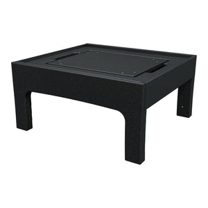 Angled view of the black poly patio ottoman frame with the hideaway tray seated in the open top