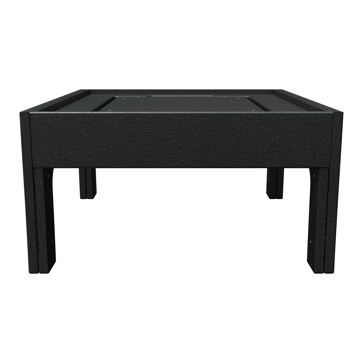Black poly ottoman frame shown without its cushion, revealing the recessed tray storage compartment and square legs