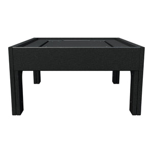 Black poly ottoman frame shown without its cushion, revealing the recessed tray storage compartment and square legs