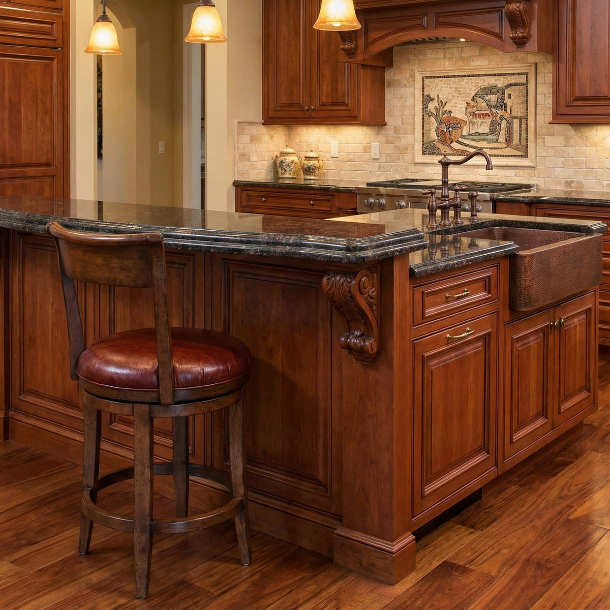 Leather topped swivel counter stool with a curved wood back tucked under a granite kitchen island in a cherry kitchen