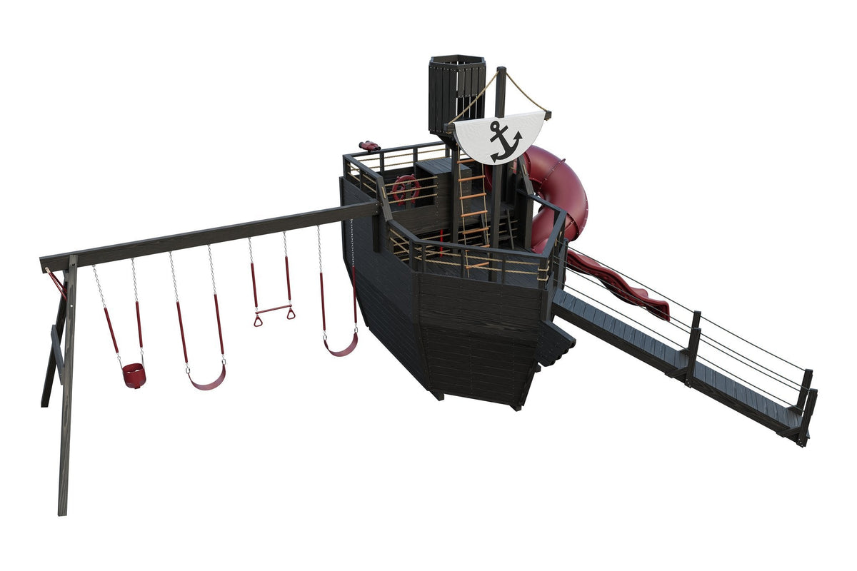 Amish Voyager Wooden Swing Set & Playset Kit – Layout 2, Cinder with Red accents
