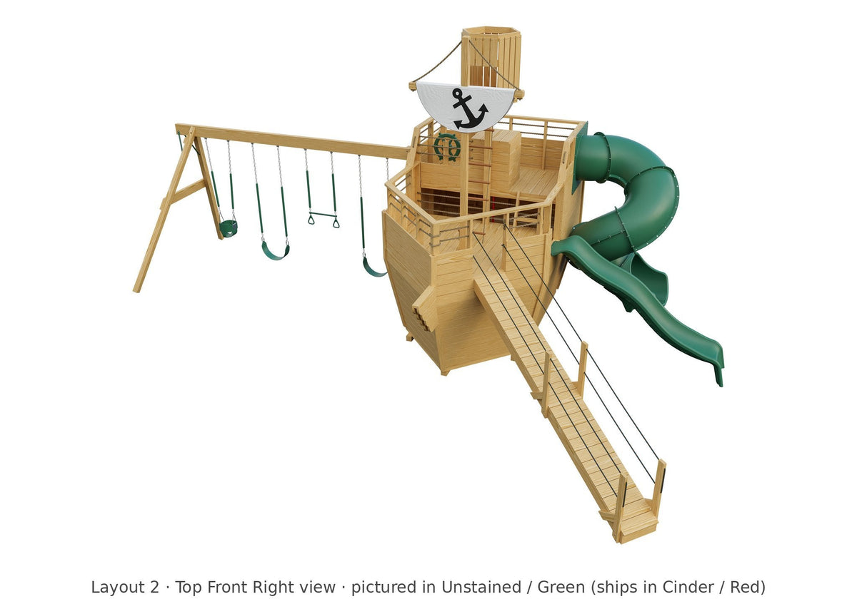 Amish Voyager Wooden Swing Set & Playset Kit – Layout 2, top front right view (shown in Unstained with Green accents)
