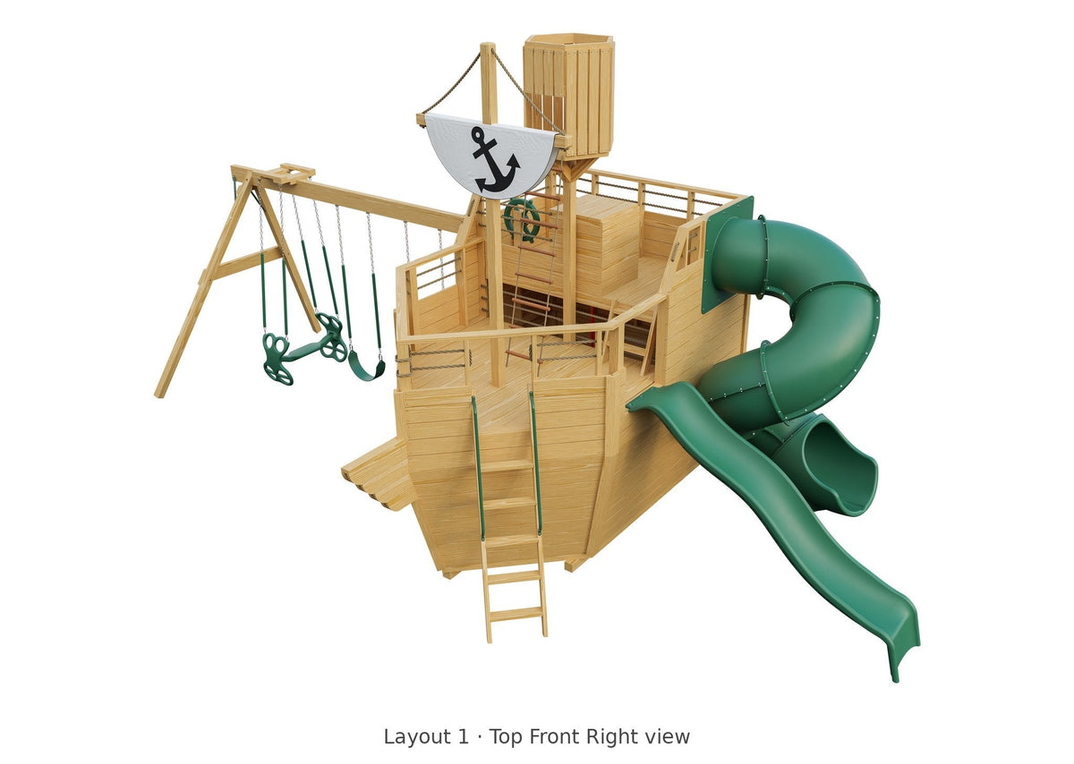 Amish Voyager Wooden Swing Set & Playset Kit – Layout 1, top front right view