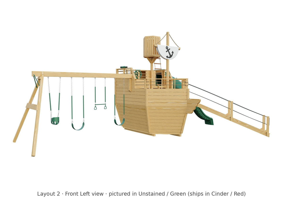 Amish Voyager Wooden Swing Set & Playset Kit – Layout 2, front left view (shown in Unstained with Green accents)