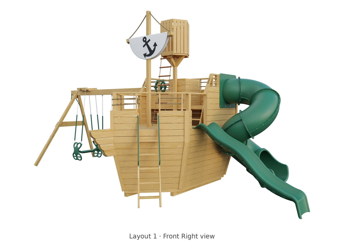 Amish Voyager Wooden Swing Set & Playset Kit – Layout 1, front right view