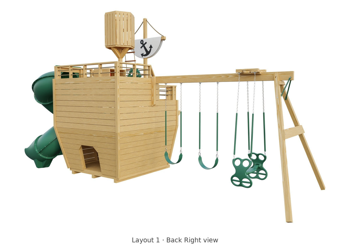 Amish Voyager Wooden Swing Set & Playset Kit – Layout 1, back right view