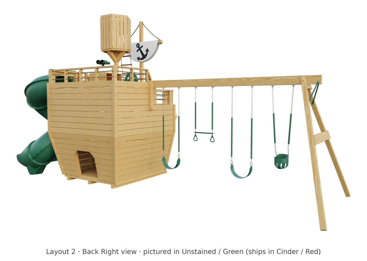 Amish Voyager Wooden Swing Set & Playset Kit – Layout 2, back right view (shown in Unstained with Green accents)