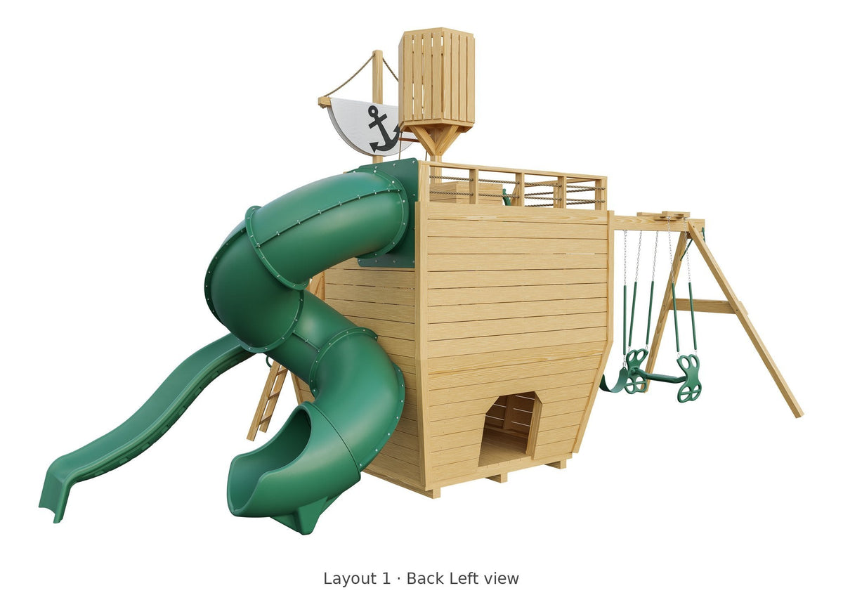 Amish Voyager Wooden Swing Set & Playset Kit – Layout 1, back left view