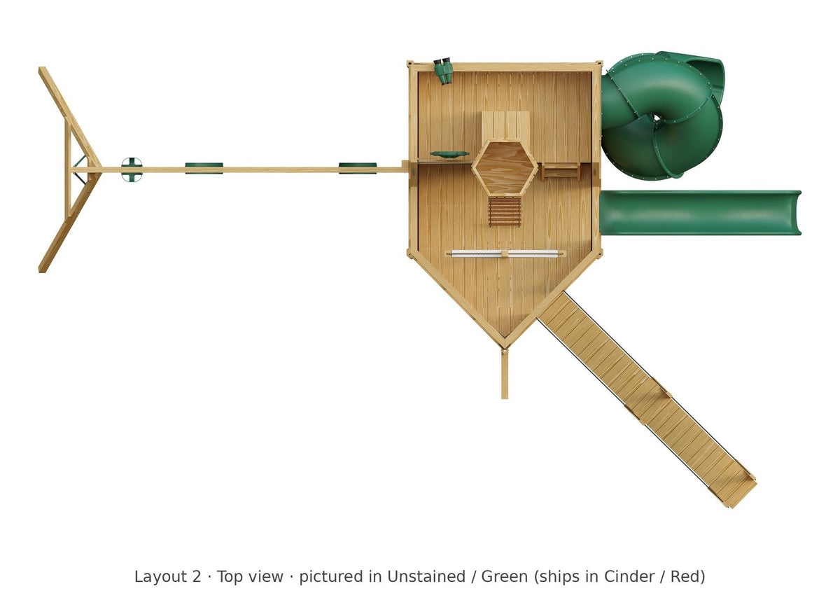 Amish Voyager Wooden Swing Set & Playset Kit – Layout 2, top view (shown in Unstained with Green accents)