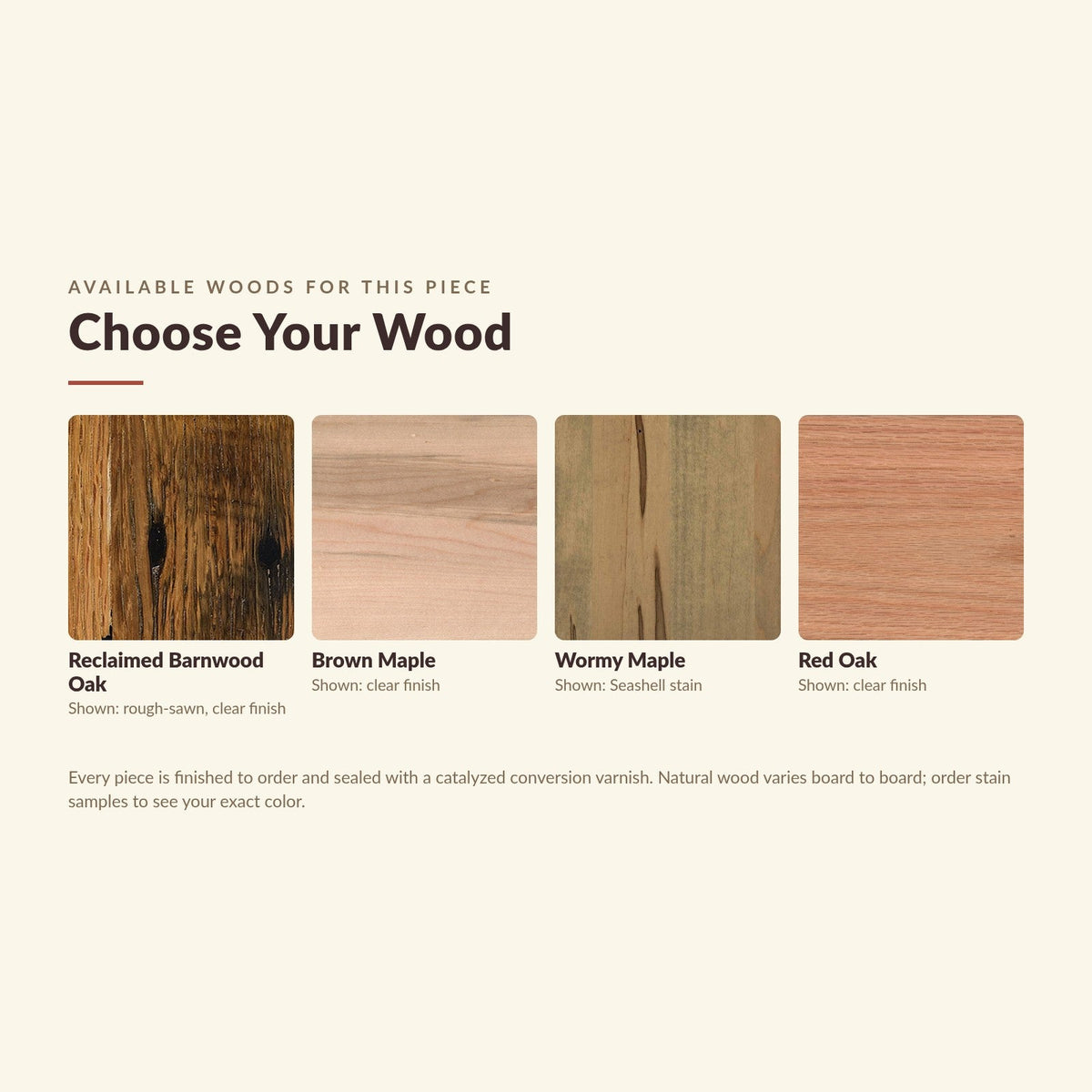 Available wood species close-up: reclaimed barnwood oak, brown maple, wormy maple, red oak