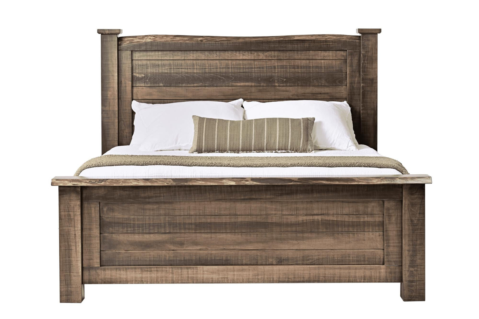 A rustic brown wooden bed frame with a slatted headboard and footboard, shown fully made with white bedding and two accent pillows against a plain white background.