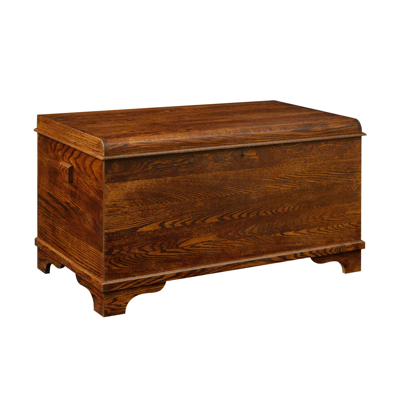 Oak hope chest with a carved oval rose and the name Hannah on the front, waterfall lid and bracket feet