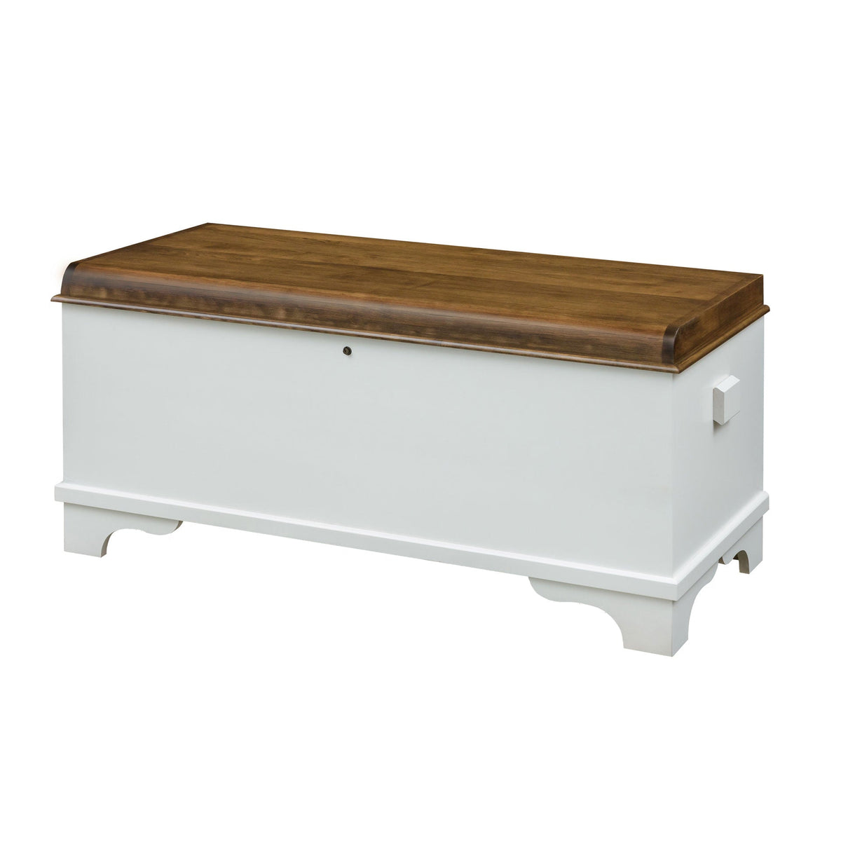 Two tone hope chest with a white painted base and a stained brown waterfall lid with side handle