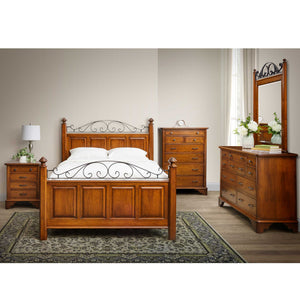 Cherry bedroom set with an iron scroll panel bed, nightstand, tall chest and dresser with mirror