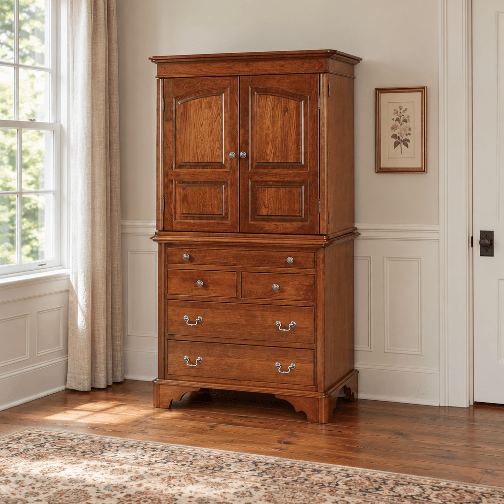 Amish Wellington Armoire shown in the bedroom of a traditional colonial home