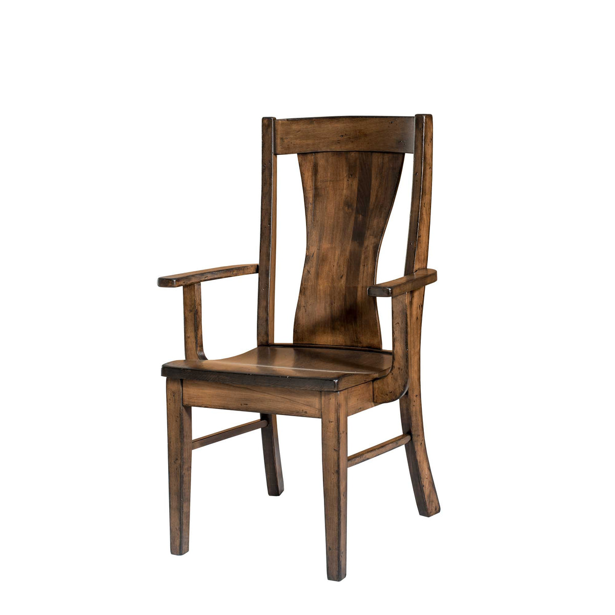 Angled view of a rustic maple dining arm chair with hourglass back panel, plank arms and solid wood seat on white