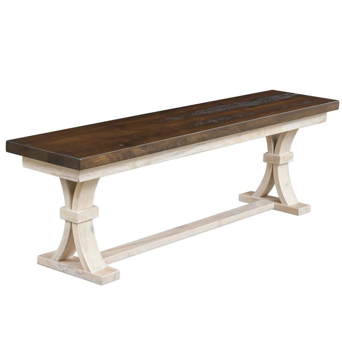 Dining bench with a dark walnut toned plank seat on an antique white curved X trestle base, angled view