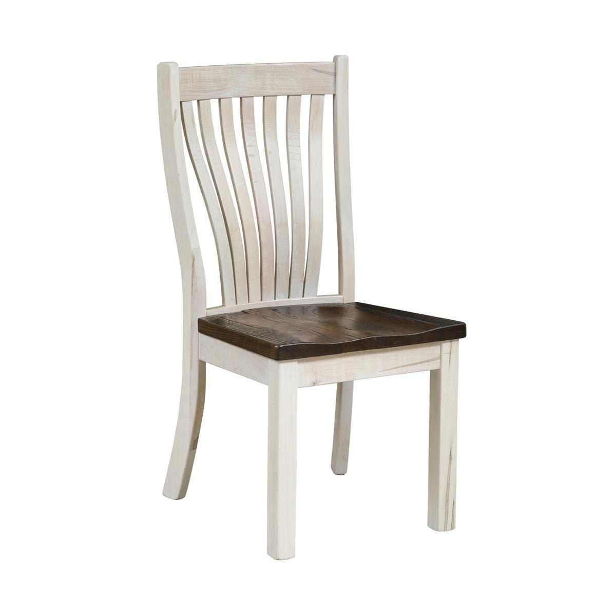 Dining side chair with a fanned antique white slat back and a scooped dark brown reclaimed wood seat