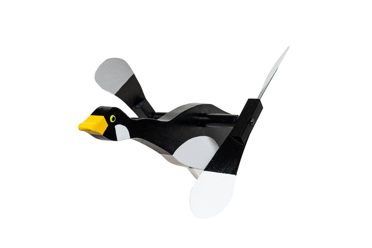 Canada goose whirlybird spinner with black head, yellow bill, white cheek patch and black and white paddle wings