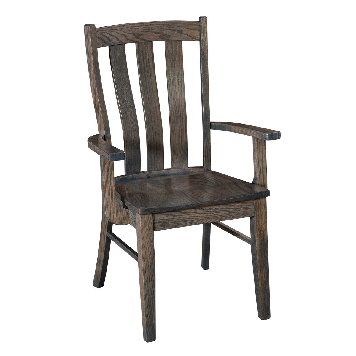 Weathered gray oak Willow lumbar arm chair with slatted back, flat shaped arms and scooped wood seat on a white background