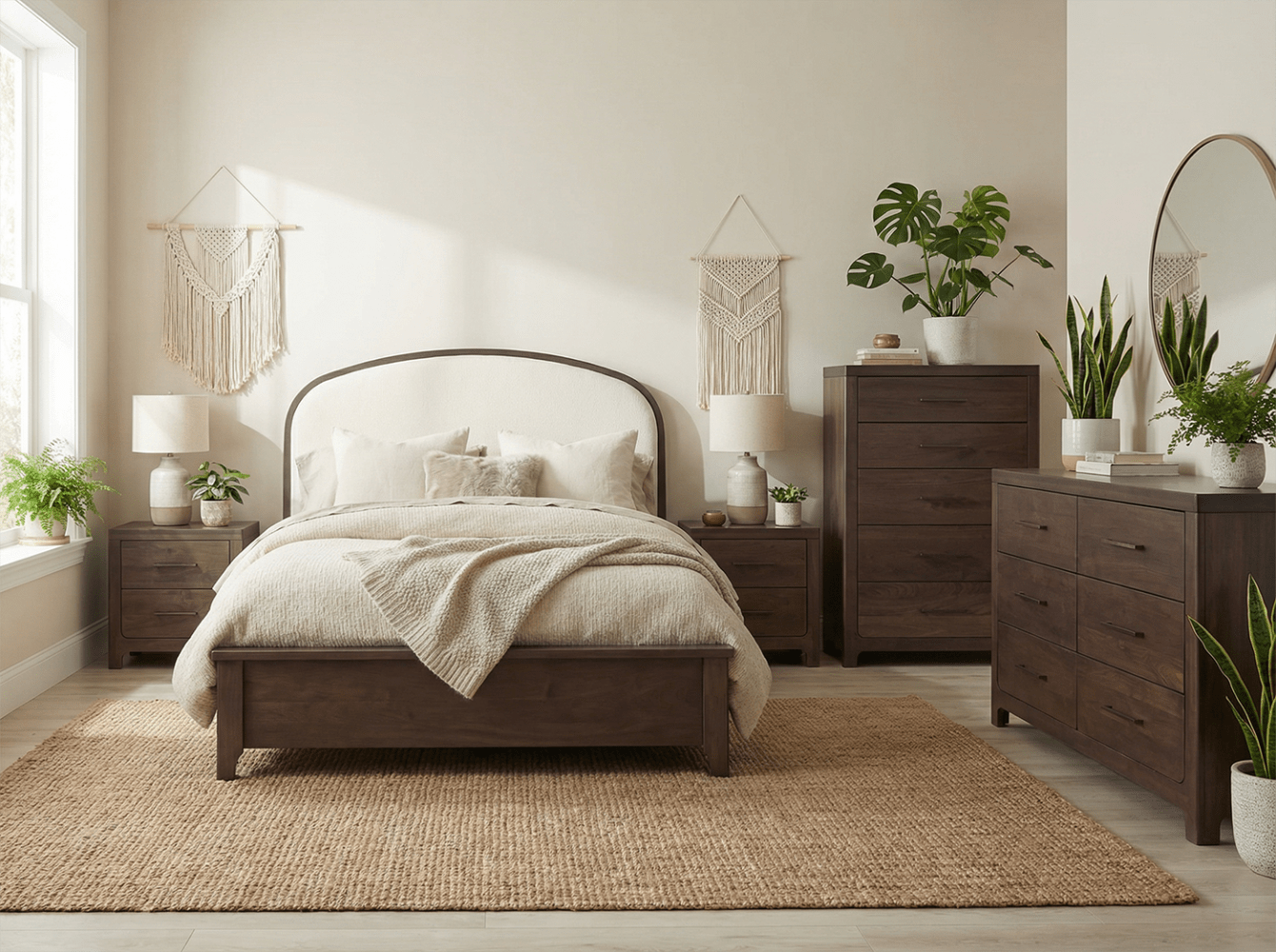 Panel bed with a curved cream upholstered headboard in a walnut frame, paneled footboard and cozy ivory bedding