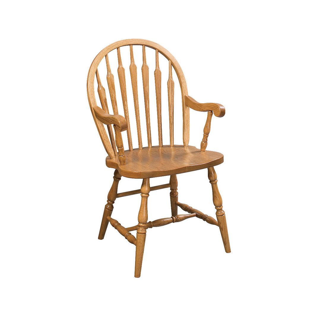 Oak bow back arrowback arm chair with curved arms, arrow spindles, shaped seat and turned splayed legs