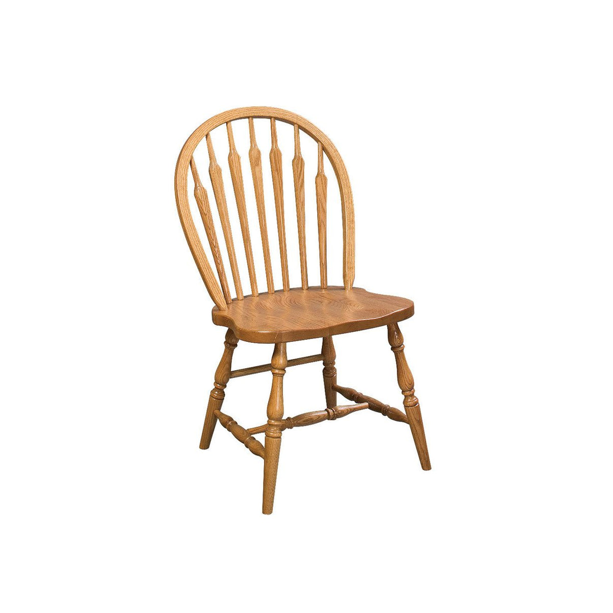 Golden oak bow back side chair with flat arrow shaped spindles, saddle seat and turned legs with stretchers