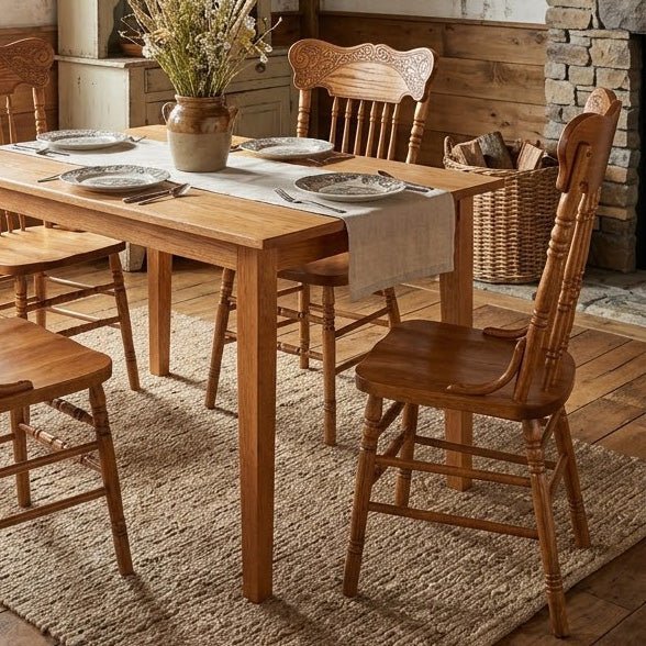 Country dining table set with oak pressback chairs, patterned plates and a stoneware pitcher of dried flowers