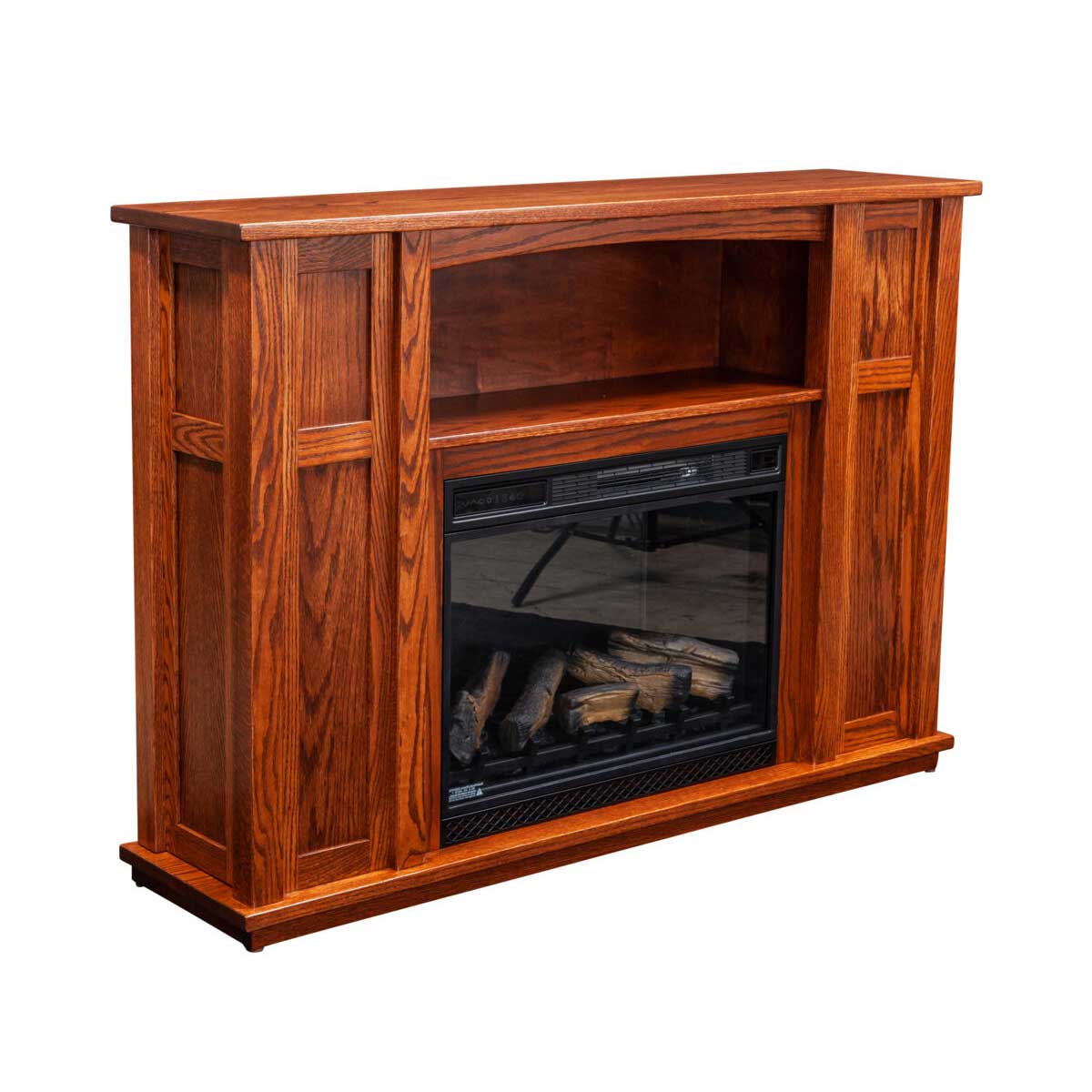 Angled view of an oak electric fireplace mantel with a wide top, open upper shelf and paneled side panels