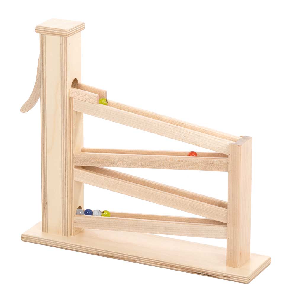 Natural wood marble pump toy showing empty zigzag tracks, a few colored marbles and a plywood base