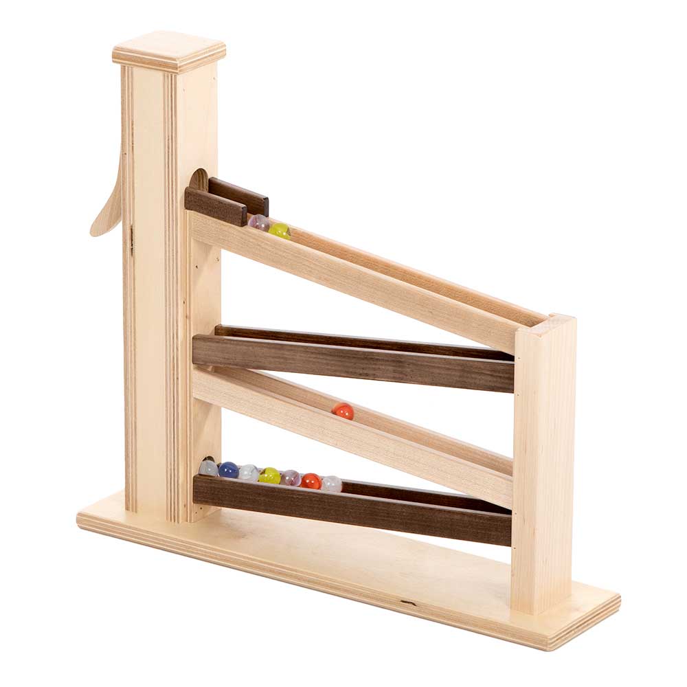 Wooden marble pump toy with three sloped tracks lined with glass marbles and a side pump lever