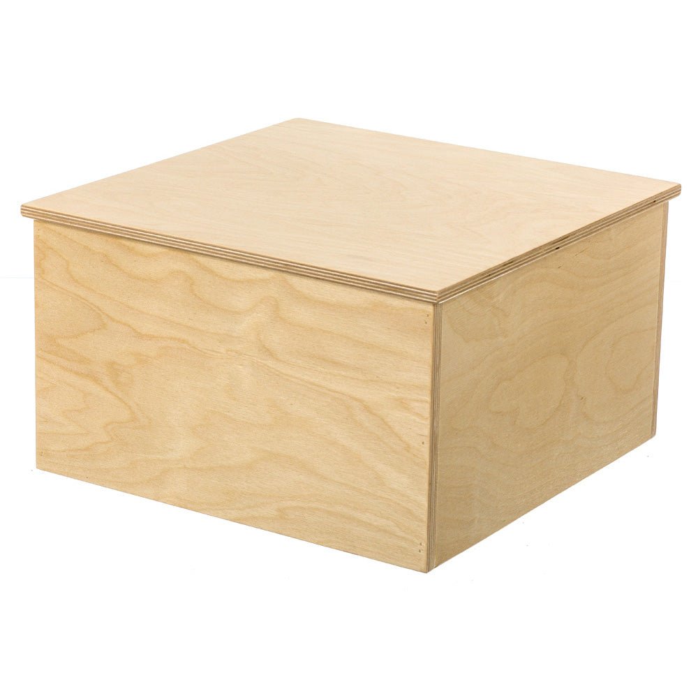 Plain birch plywood storage stand box with a flat top and clean edges, sized to support a marble pyramid