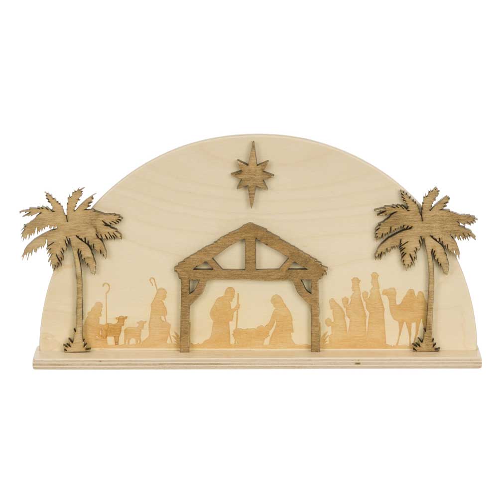 Wooden arched nativity scene in a warm walnut stain with laser-cut manger, holy family, shepherds, wise men, camel and palm trees