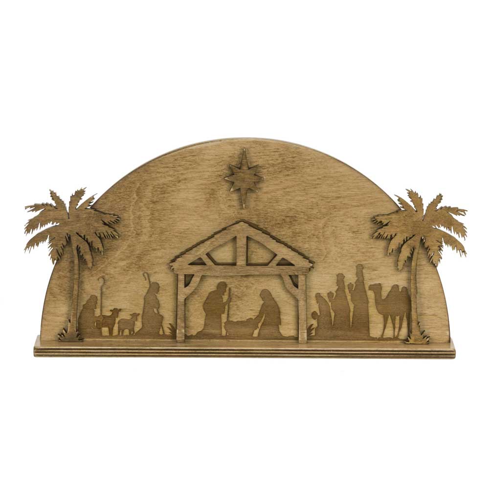 Wooden arched nativity scene in a warm walnut stain with laser-cut manger, holy family, shepherds, wise men, camel and palm trees