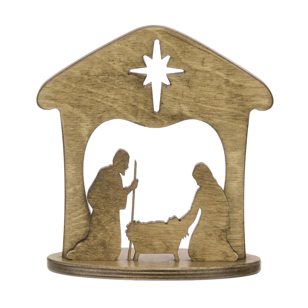 Small wooden manger scene with a stable roof, cut-out Bethlehem star and stained Mary, Joseph and baby Jesus silhouettes on an oval base