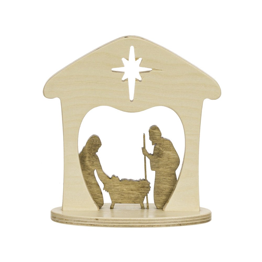 Small wooden manger scene with a stable roof, cut-out Bethlehem star and stained Mary, Joseph and baby Jesus silhouettes on an oval base