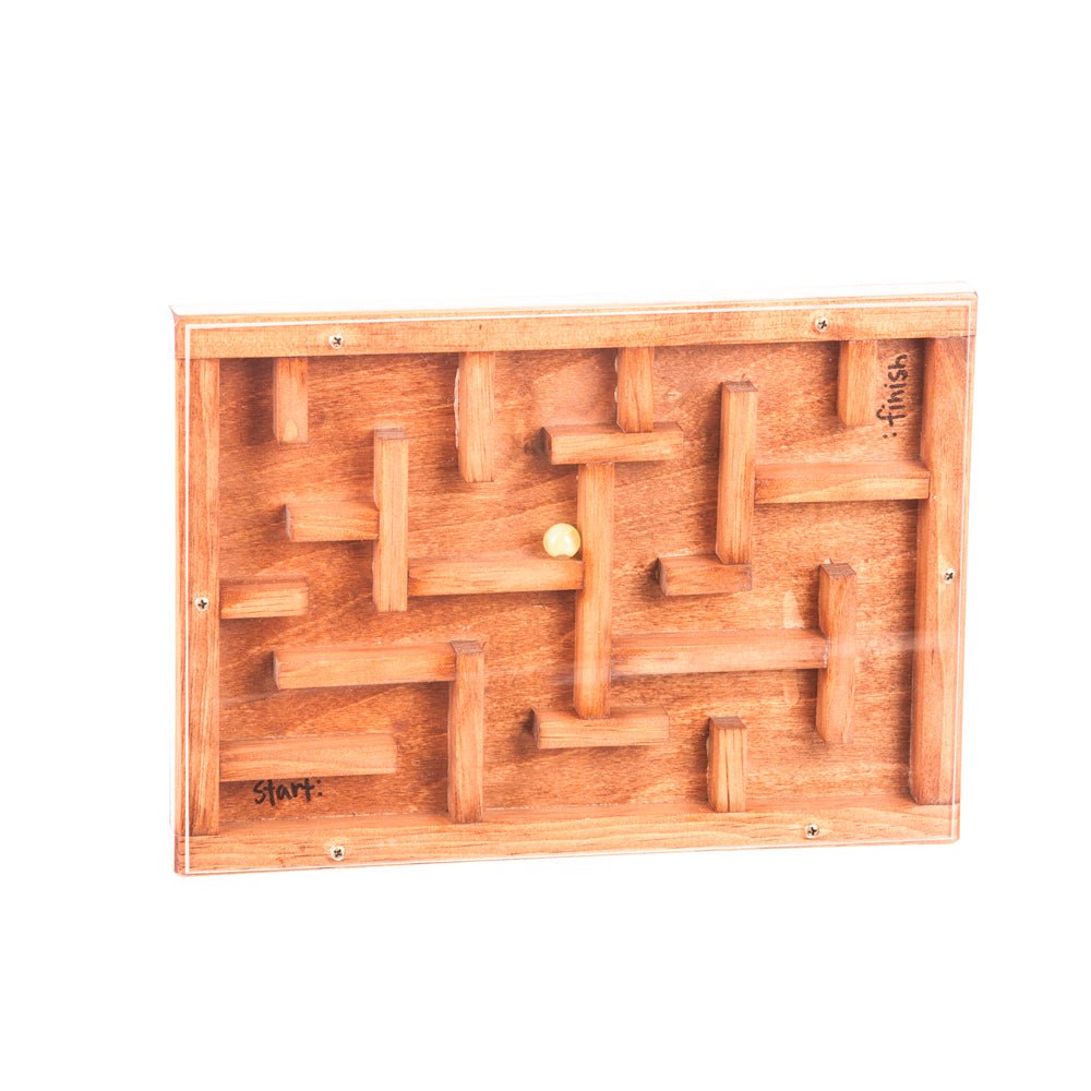 Handheld wooden marble maze puzzle with a clear cover, labeled start and finish corners and a marble in the tracks