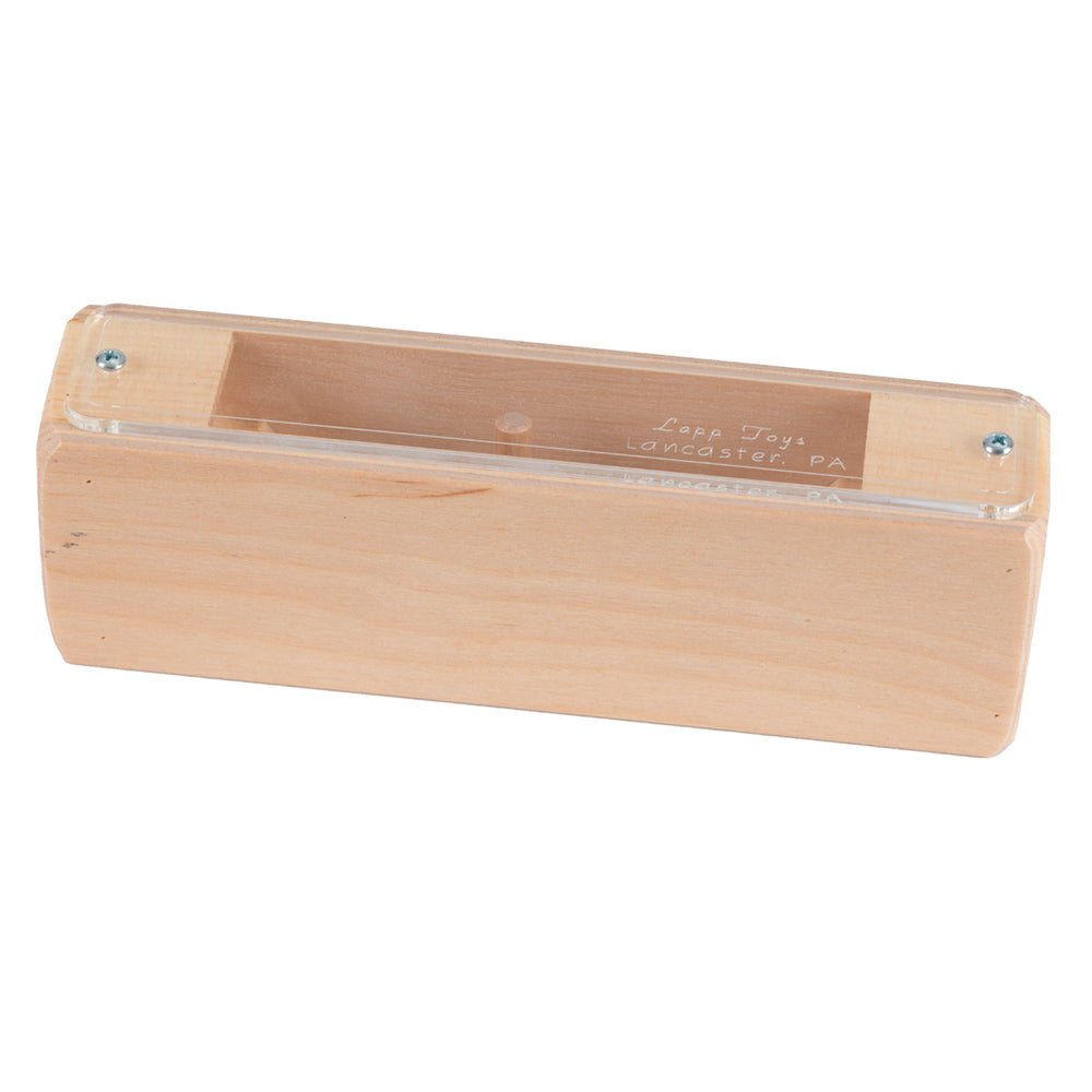 Natural maple marble teaser puzzle box with a clear acrylic top, hidden channel and burned Lancaster PA maker mark