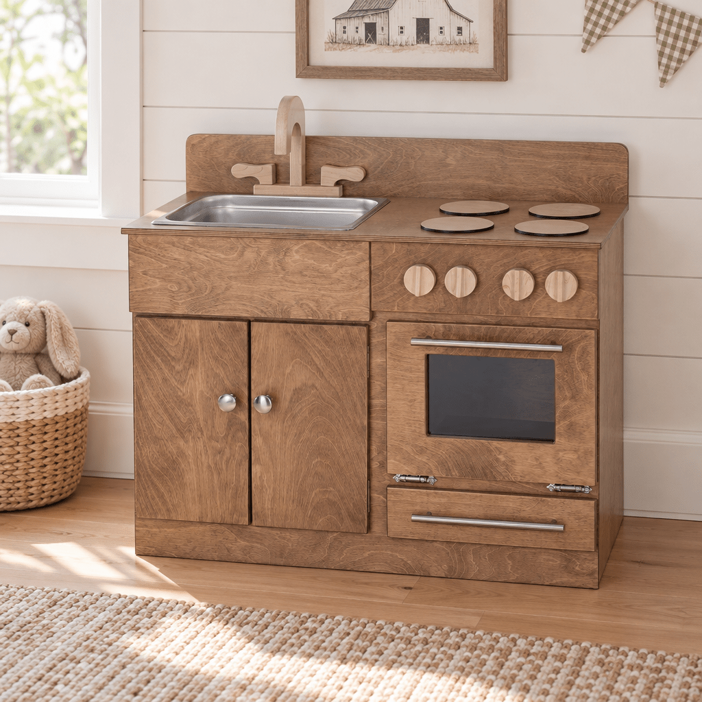 Amish Wooden Play Sink & Stove for Kids shown in the kids bedroom of a modern farmhouse home