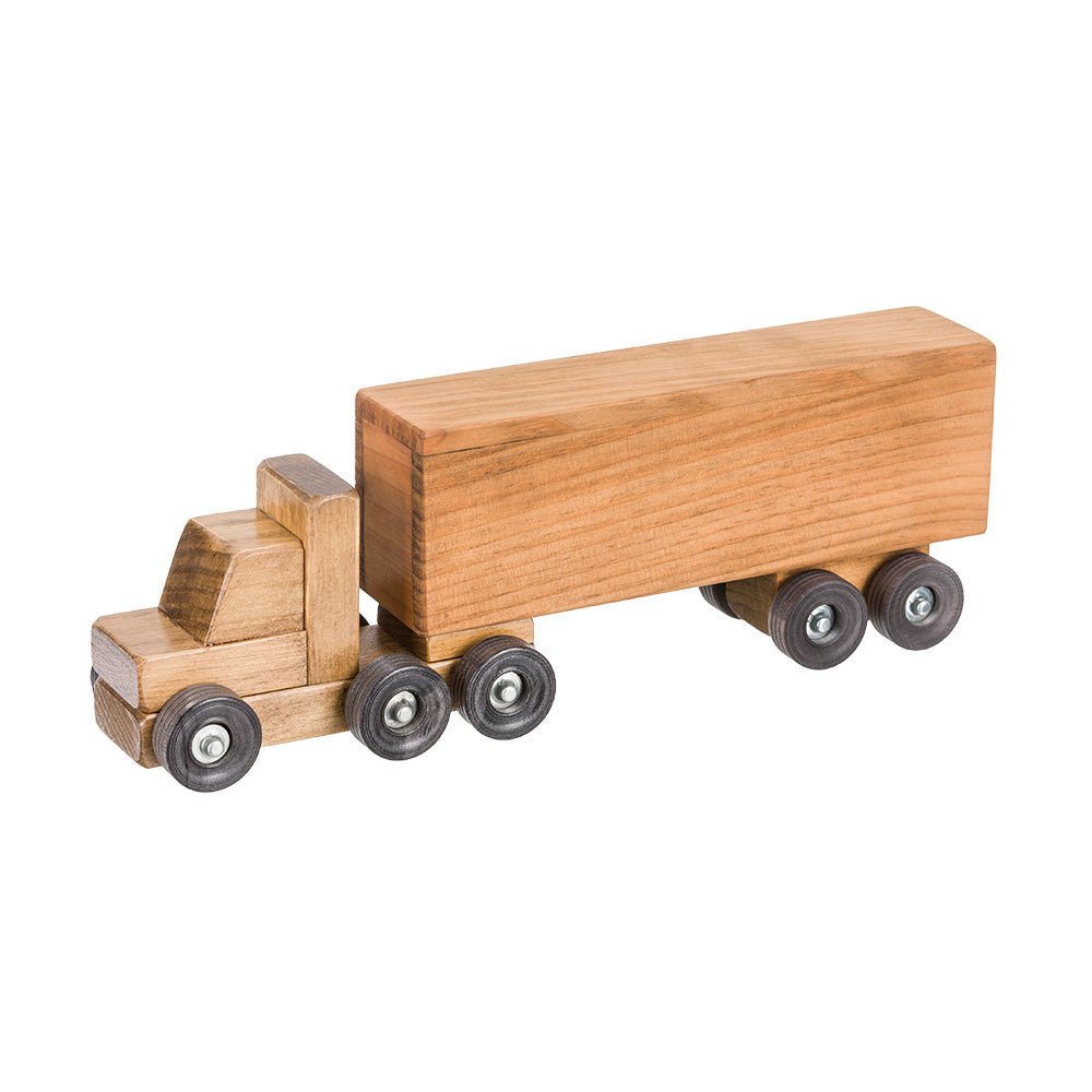 Pale maple toy semi box truck with a cab, long enclosed trailer, dark wheels and a burned Lancaster PA maker mark