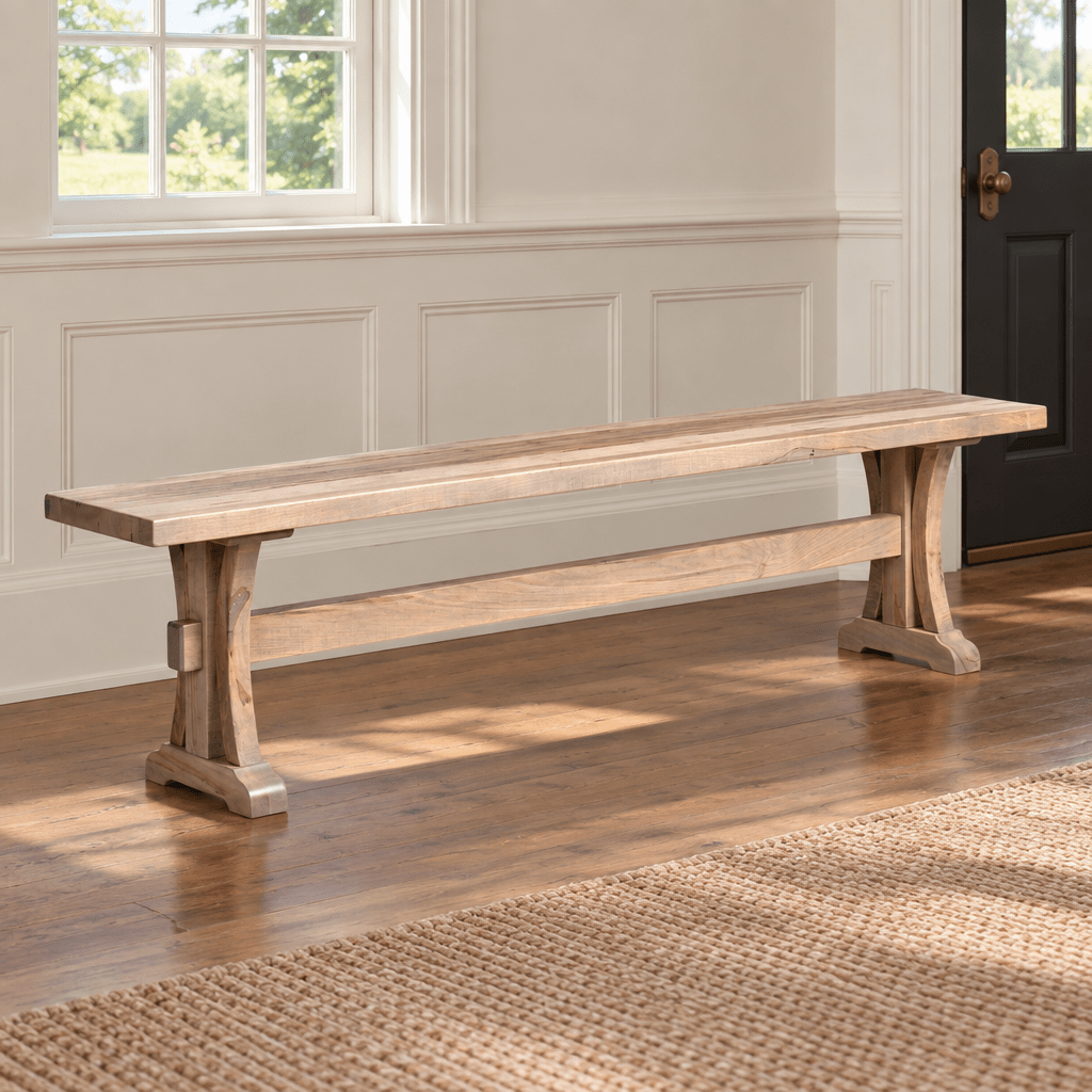 Amish Woodstock Reclaimed Wood Bench shown in the living room of a traditional colonial home