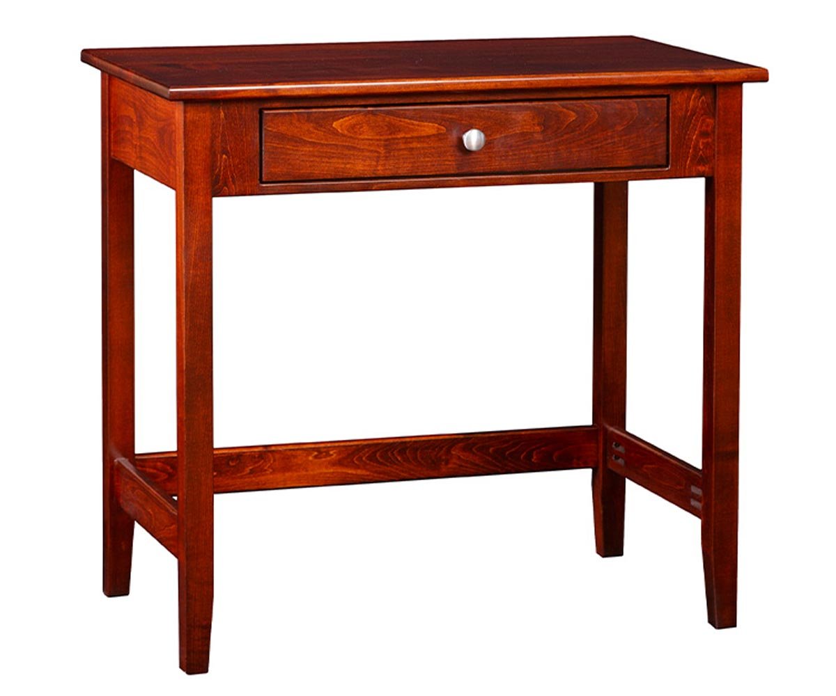 Cherry writing desk with a single wide drawer, nickel knob, square tapered legs and side stretchers on white
