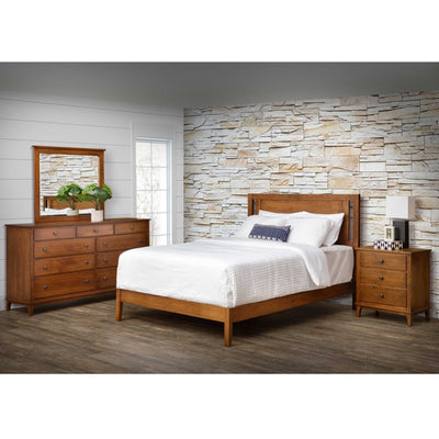 Four-piece Modern Shaker bedroom set with panel bed, mirrored dresser and nightstand against a stacked stone wall