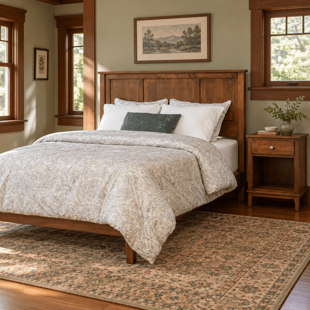 Amish Wynmoor Panel Low Footboard Bed shown in the bedroom of a craftsman bungalow home
