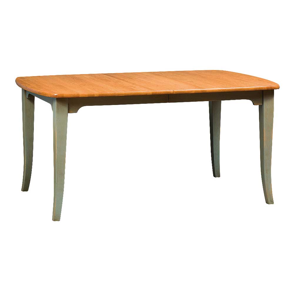 Two-tone leg dining table with a natural cherry top and sage green painted flared legs on a white background