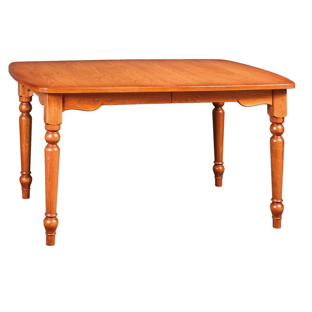 Cherry farm table with a boat shaped top and four heavy turned country legs, shown on a white background
